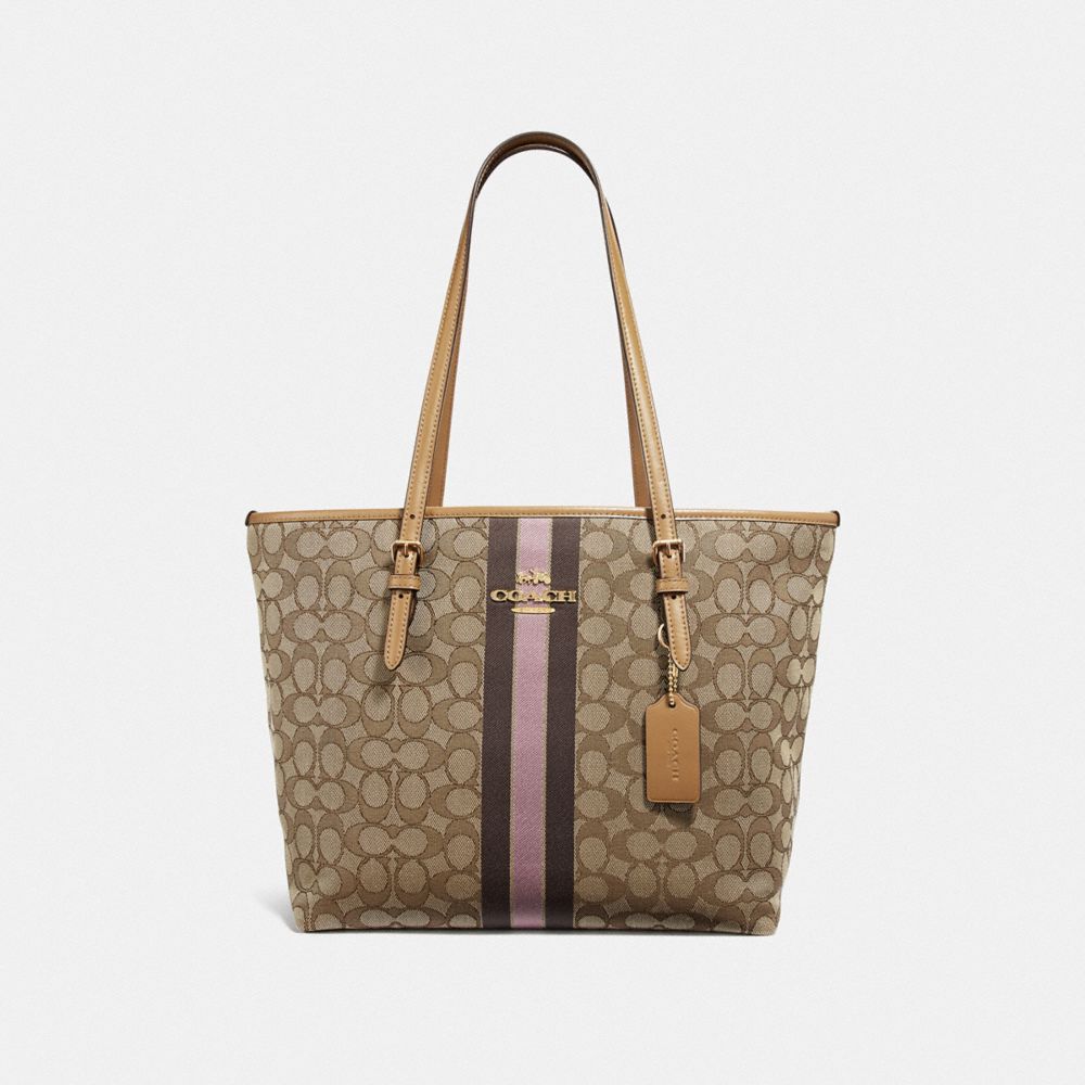 COACH F39043 - ZIP TOP TOTE IN SIGNATURE JACQUARD WITH STRIPE KHAKI MULTI /LIGHT GOLD