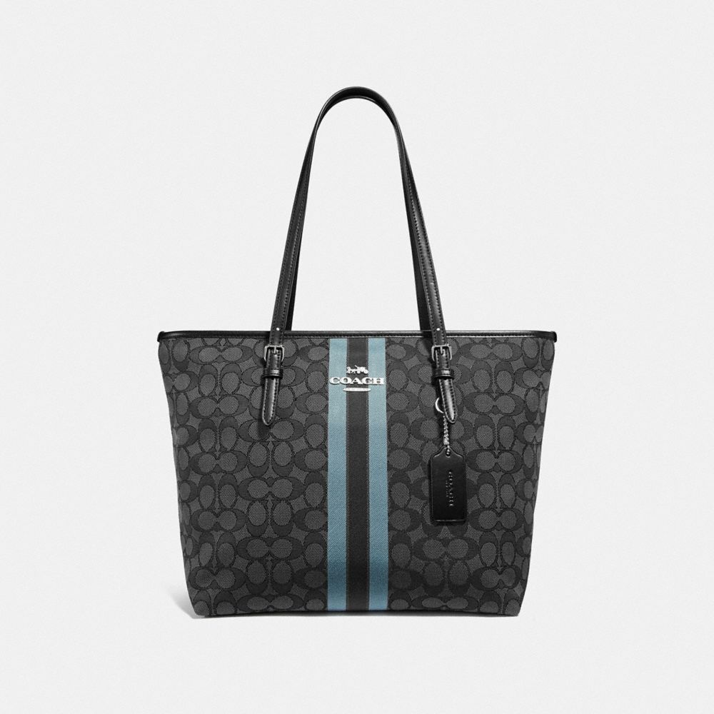 ZIP TOP TOTE IN SIGNATURE JACQUARD WITH STRIPE - F39043 - BLACK/MULTI/SILVER