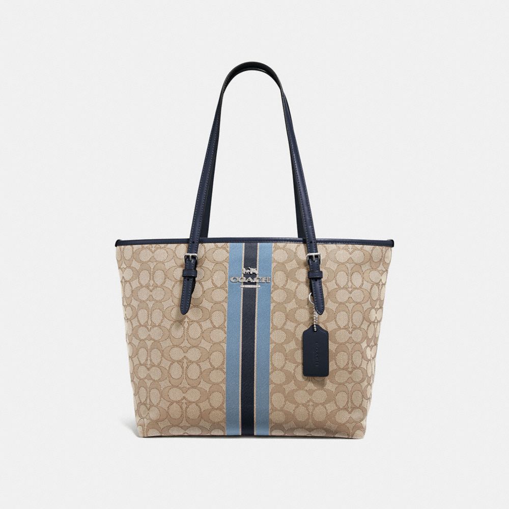 ZIP TOP TOTE IN SIGNATURE JACQUARD WITH STRIPE - F39043 - KHAKI MULTI /SILVER