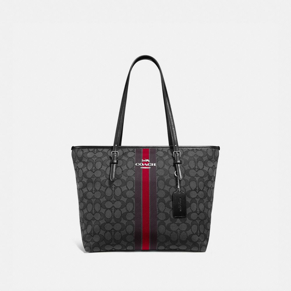 ZIP TOP TOTE IN SIGNATURE JACQUARD WITH STRIPE - F39043SVREM - SV/RED MULTI