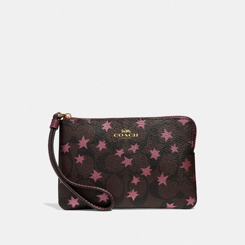 COACH F39045 CORNER ZIP WRISTLET IN SIGNATURE CANVAS WITH POP STAR PRINT BROWN-MULTI/LIGHT-GOLD