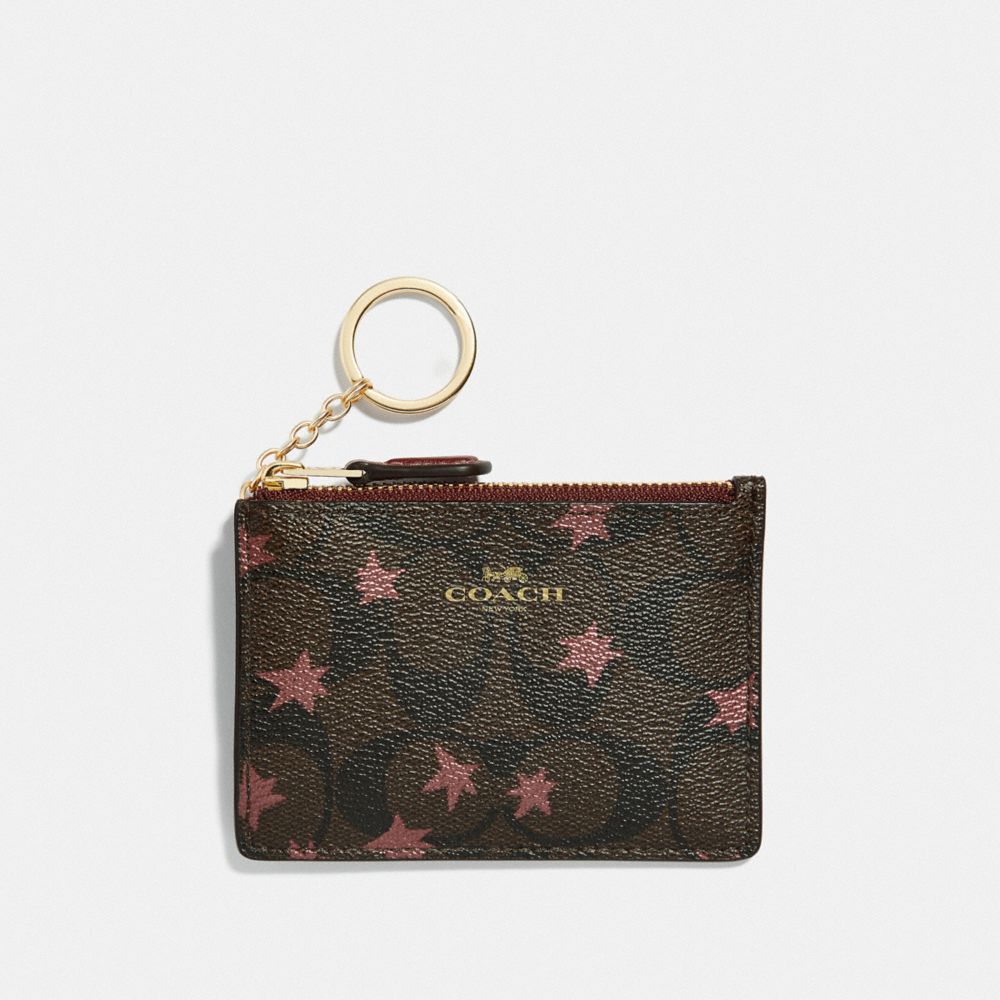 COACH F39047 MINI SKINNY ID CASE IN SIGNATURE CANVAS WITH POP STAR PRINT BROWN MULTI/LIGHT GOLD