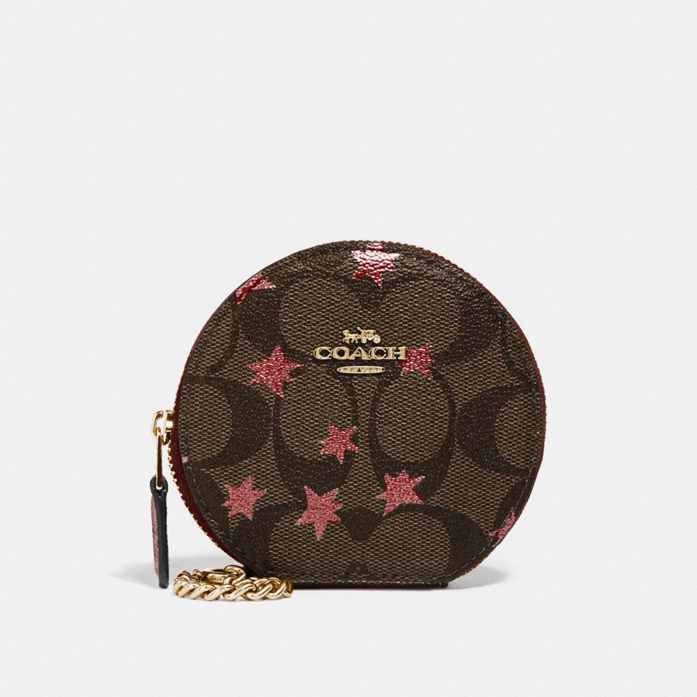 ROUND COIN CASE IN SIGNATURE CANVAS WITH POP STAR PRINT - COACH F39049 - BROWN MULTI/LIGHT GOLD