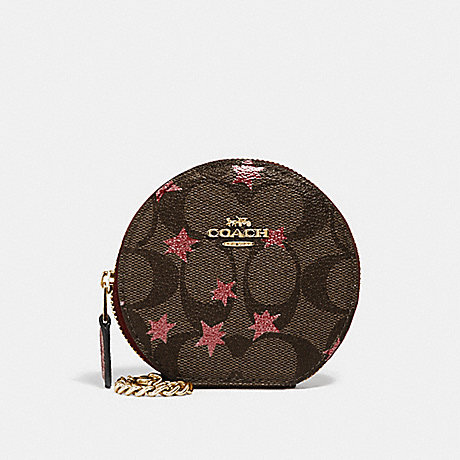 COACH ROUND COIN CASE IN SIGNATURE CANVAS WITH POP STAR PRINT - BROWN MULTI/LIGHT GOLD - F39049