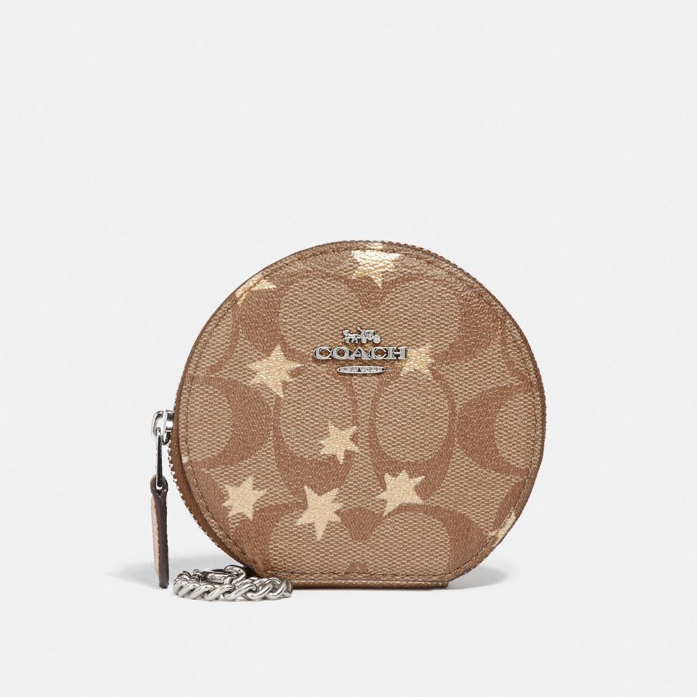 COACH F39049 ROUND COIN CASE IN SIGNATURE CANVAS WITH POP STAR PRINT KHAKI MULTI /SILVER