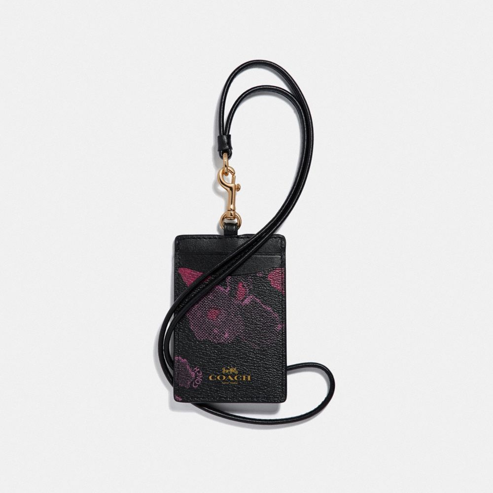 COACH F39055 Id Lanyard With Halftone Floral Print BLACK/WINE/LIGHT GOLD