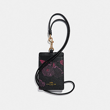 COACH F39055 ID LANYARD WITH HALFTONE FLORAL PRINT BLACK/WINE/LIGHT GOLD
