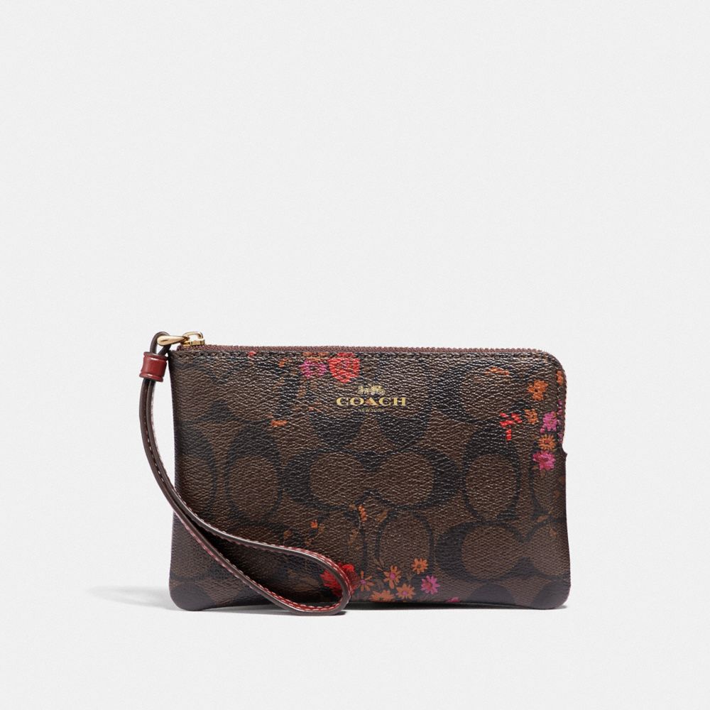 CORNER ZIP WRISTLET IN SIGNATURE CANVAS WITH FLORAL BUNDLE PRINT - F39070 - BROWN/METALLIC CURRANT/LIGHT GOLD