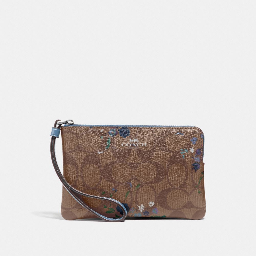 COACH CORNER ZIP WRISTLET IN SIGNATURE CANVAS WITH FLORAL BUNDLE PRINT - KHAKI BLUE MULTI/SILVER - F39070