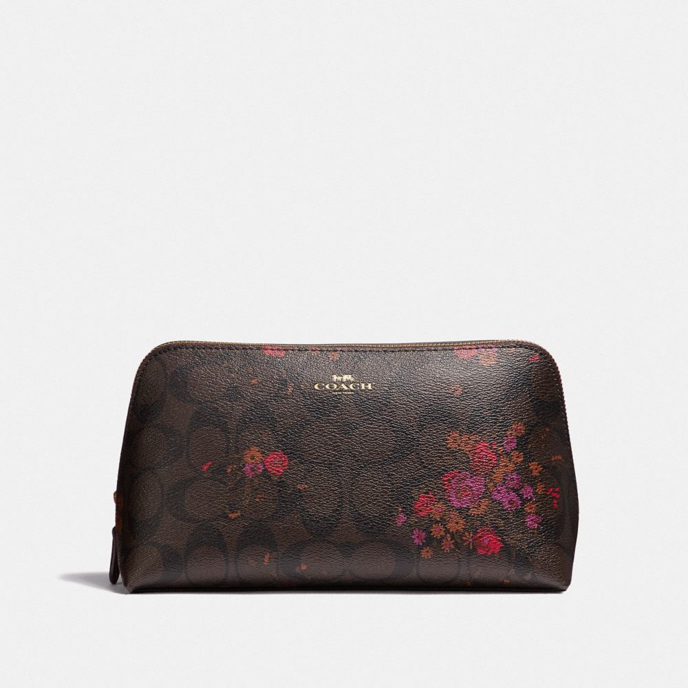 COSMETIC CASE 22 IN SIGNATURE CANVAS WITH FLORAL BUNDLE PRINT - BROWN/METALLIC CURRANT/LIGHT GOLD - COACH F39071