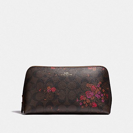 COACH COSMETIC CASE 22 IN SIGNATURE CANVAS WITH FLORAL BUNDLE PRINT - BROWN/METALLIC CURRANT/LIGHT GOLD - F39071