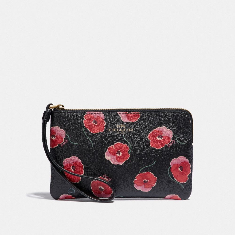 COACH F39074 - CORNER ZIP WRISTLET WITH POPPY PRINT BLACK/MULTI/LIGHT GOLD