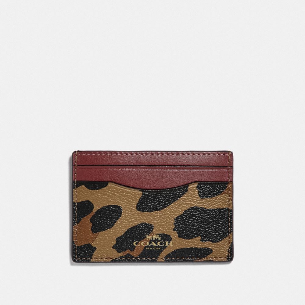 COACH CARD CASE WITH LEOPARD PRINT - NATURAL/LIGHT GOLD - F39080