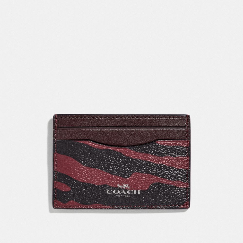 COACH F39093 CARD CASE WITH TIGER PRINT DARK RED/BLACK ANTIQUE NICKEL