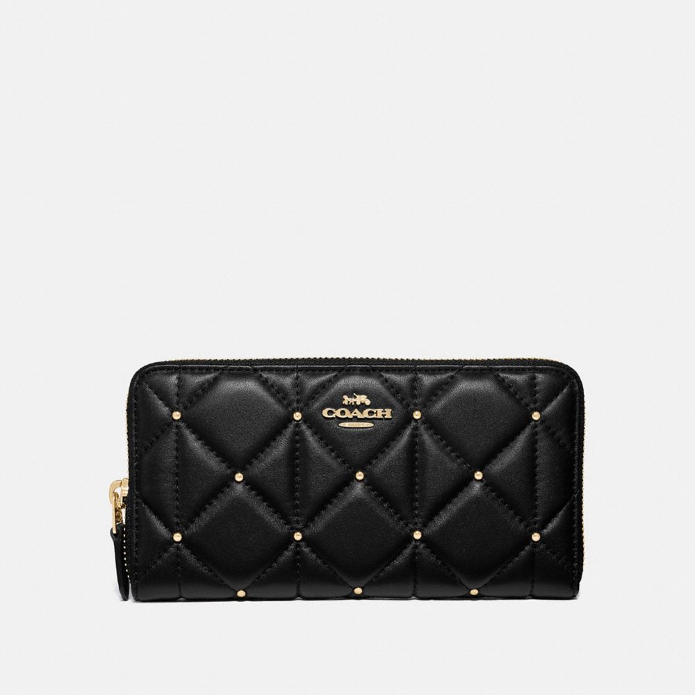 COACH ACCORDION ZIP WALLET WITH STUDDED DIAMOND QUILTING - BLACK/LIGHT GOLD - F39099