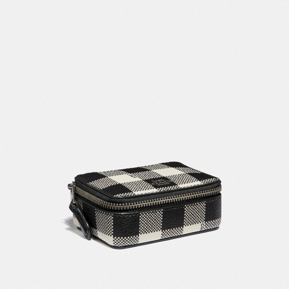 COACH TRIPLE PILL BOX WITH GINGHAM PRINT - BLACK/MULTI/SILVER - F39107