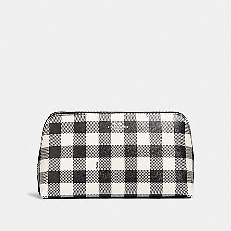 COACH F39112 COSMETIC CASE 22 WITH GINGHAM PRINT BLACK/MULTI/SILVER