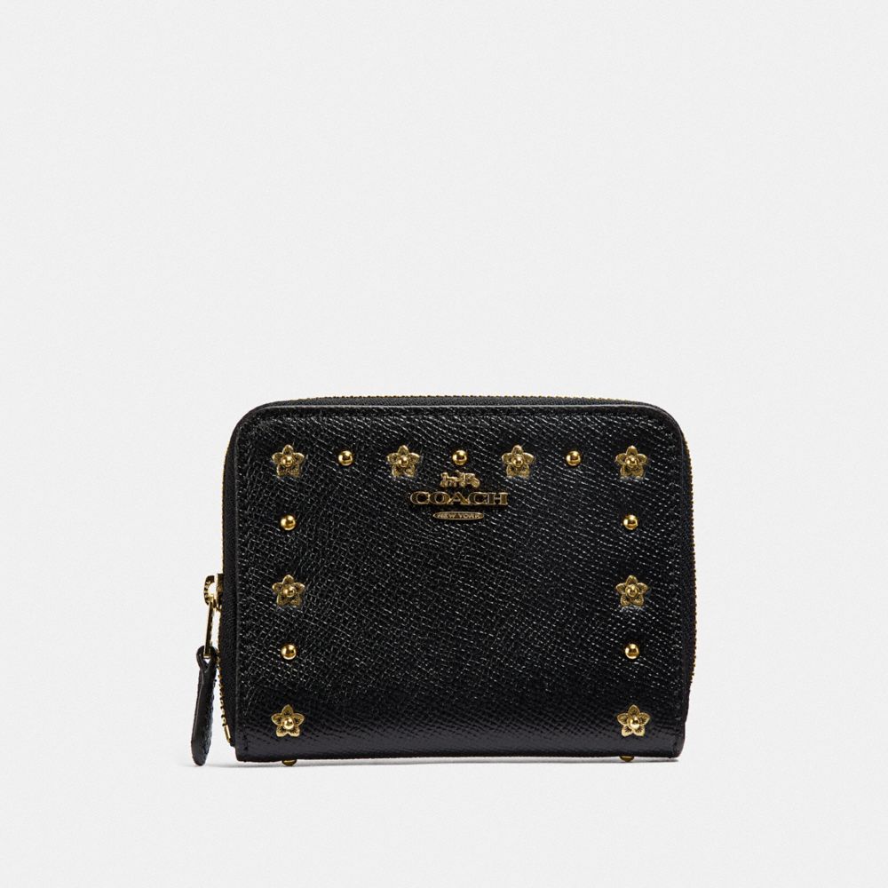 COACH F39125 Small Zip Around Wallet With Floral Rivets BLACK/LIGHT GOLD