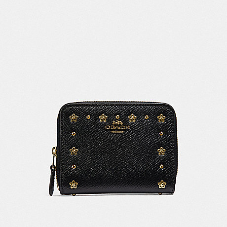 COACH F39125 SMALL ZIP AROUND WALLET WITH FLORAL RIVETS BLACK/LIGHT GOLD