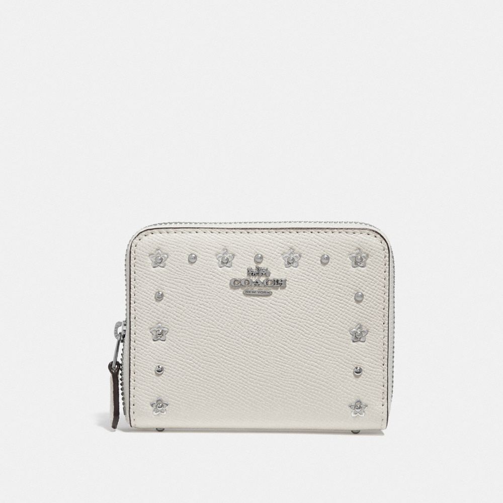 COACH F39125 Small Zip Around Wallet With Floral Rivets CHALK/SILVER