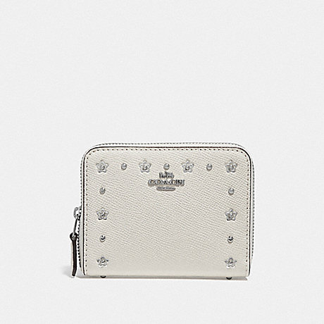 COACH SMALL ZIP AROUND WALLET WITH FLORAL RIVETS - CHALK/SILVER - F39125