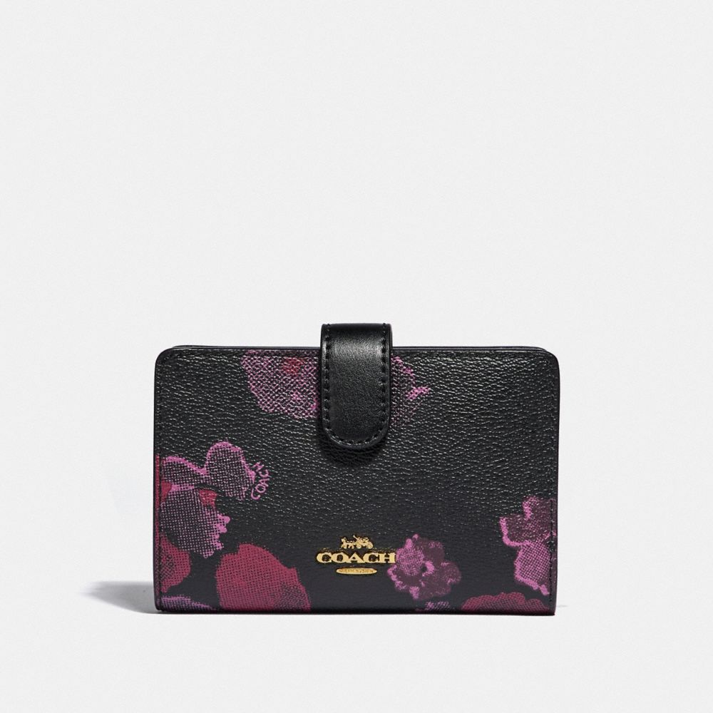 COACH F39127 MEDIUM CORNER ZIP WALLET WITH HALFTONE FLORAL PRINT BLACK/WINE/LIGHT GOLD