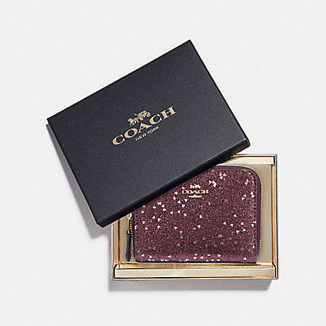 COACH BOXED SMALL ZIP AROUND WALLET WITH HEART GLITTER - RASPBERRY/LIGHT GOLD - F39129