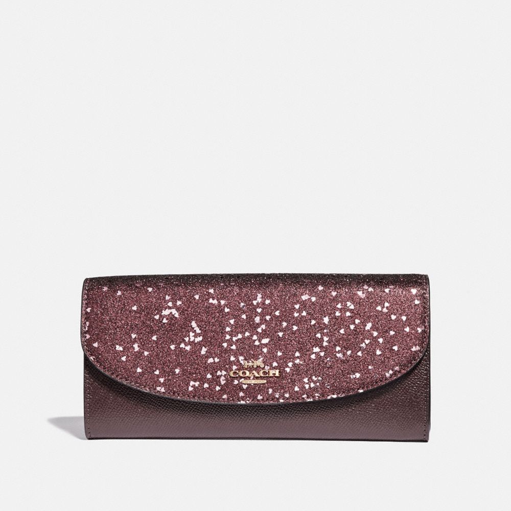 COACH BOXED SLIM ENVELOPE WALLET WITH HEART GLITTER - RASPBERRY/LIGHT GOLD - F39130
