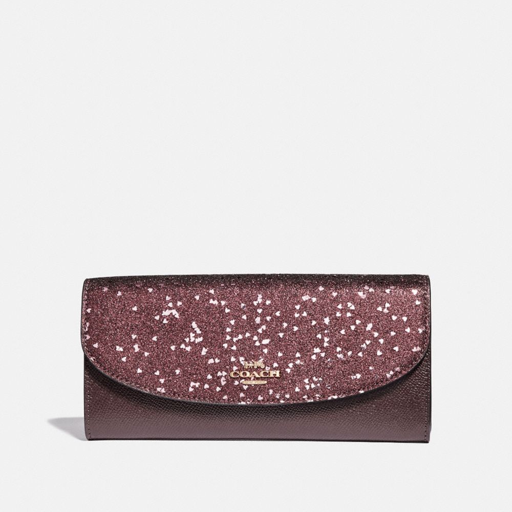 BOXED SLIM ENVELOPE WALLET WITH HEART GLITTER - COACH F39130 - RASPBERRY/LIGHT GOLD