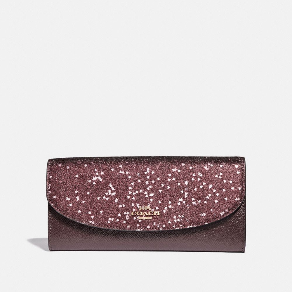 COACH F39130 BOXED SLIM ENVELOPE WALLET WITH HEART GLITTER RASPBERRY/LIGHT GOLD