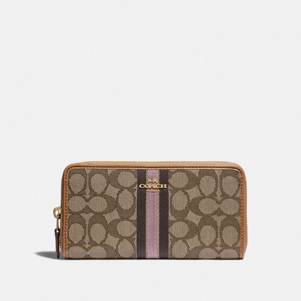 COACH ACCORDION ZIP WALLET IN SIGNATURE JACQUARD WITH STRIPE - KHAKI MULTI /LIGHT GOLD - F39139