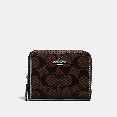 COACH SMALL ZIP AROUND WALLET IN SIGNATURE CANVAS - BROWN/RED/SILVER - F39140