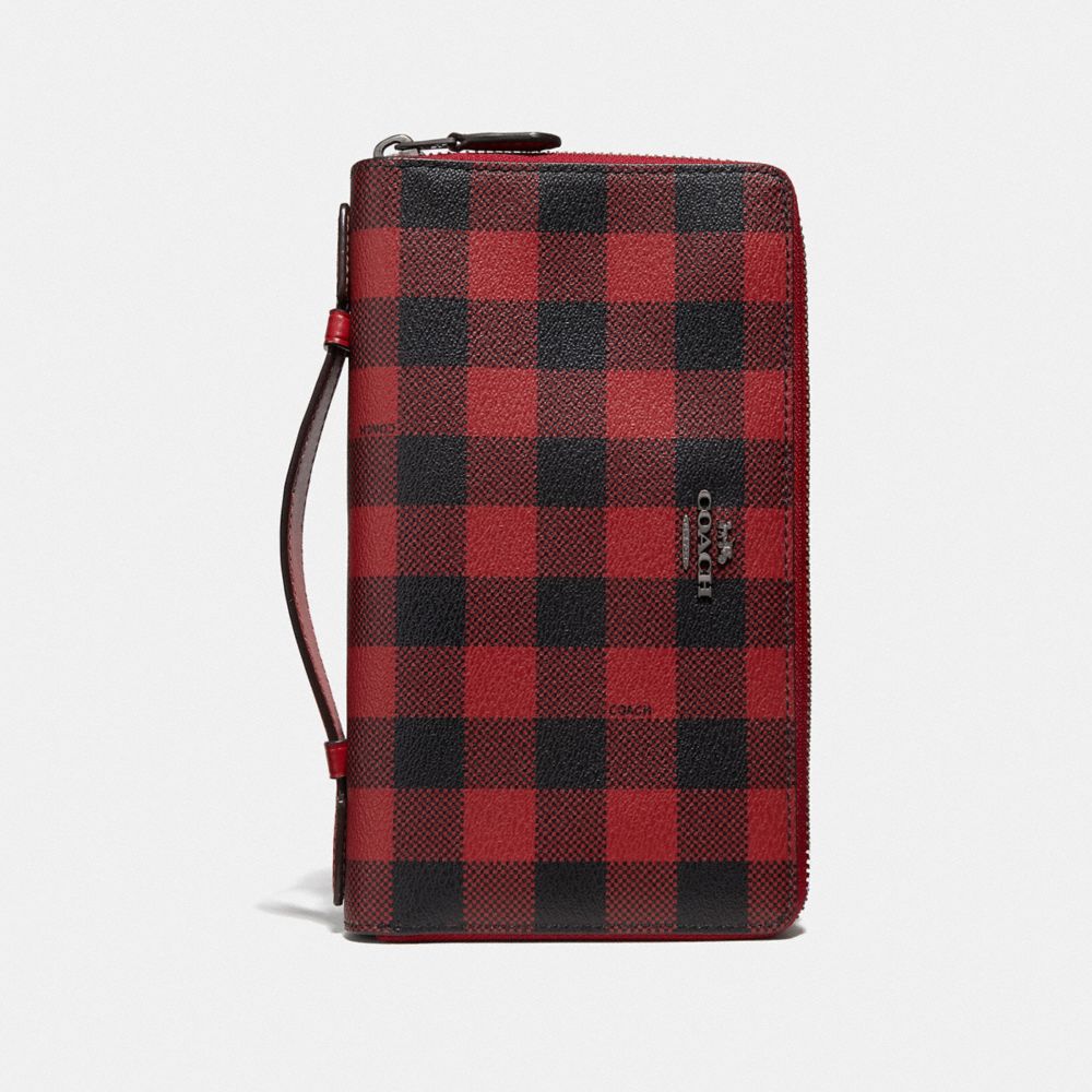 DOUBLE ZIP TRAVEL WALLET WITH GINGHAM PRINT - COACH F39148 - RUBY MULTI/BLACK ANTIQUE NICKEL