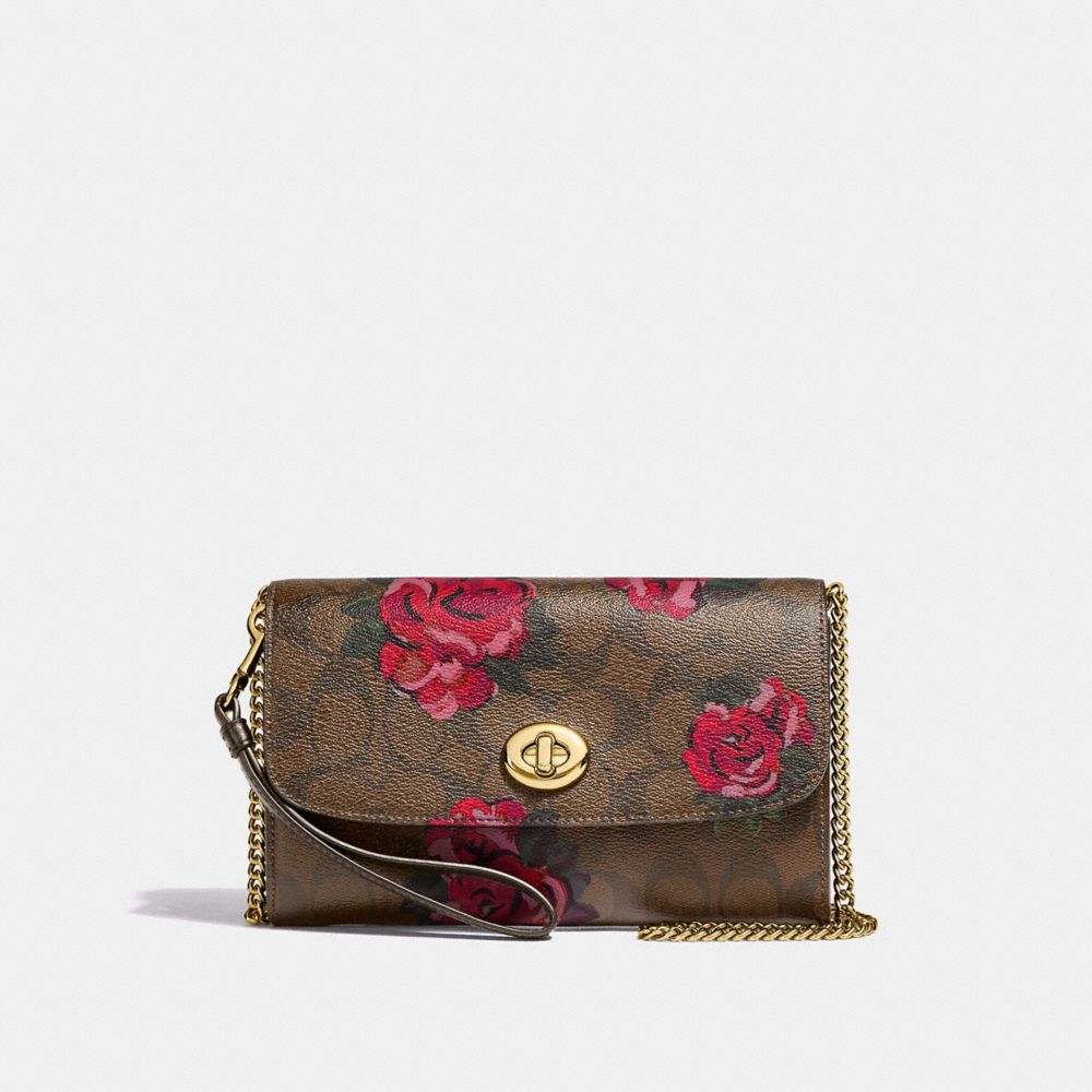 CHAIN CROSSBODY IN SIGNATURE CANVAS WITH JUMBO FLORAL PRINT - F39149 - KHAKI/OXBLOOD MULTI/LIGHT GOLD