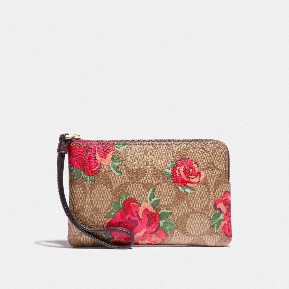 COACH F39150 CORNER ZIP WRISTLET IN SIGNATURE CANVAS WITH JUMBO FLORAL PRINT KHAKI/OXBLOOD-MULTI/LIGHT-GOLD