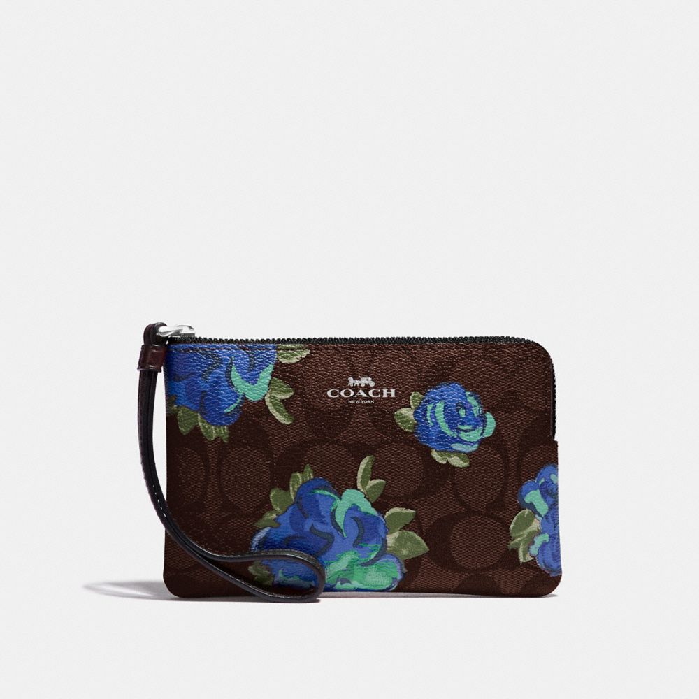 CORNER ZIP WRISTLET IN SIGNATURE CANVAS WITH JUMBO FLORAL PRINT - BROWN BLACK/MULTI/SILVER - COACH F39150