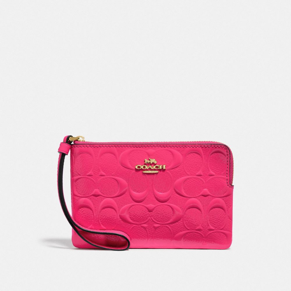 COACH F39151 Corner Zip Wristlet In Signature Leather NEON PINK/LIGHT GOLD