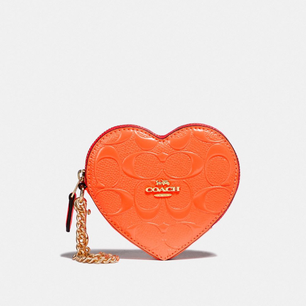 COACH F39153 Heart Coin Case In Signature Leather NEON ORANGE/LIGHT GOLD