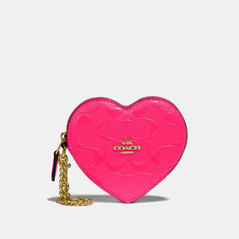 COACH F39153 Heart Coin Case In Signature Leather NEON PINK/LIGHT GOLD