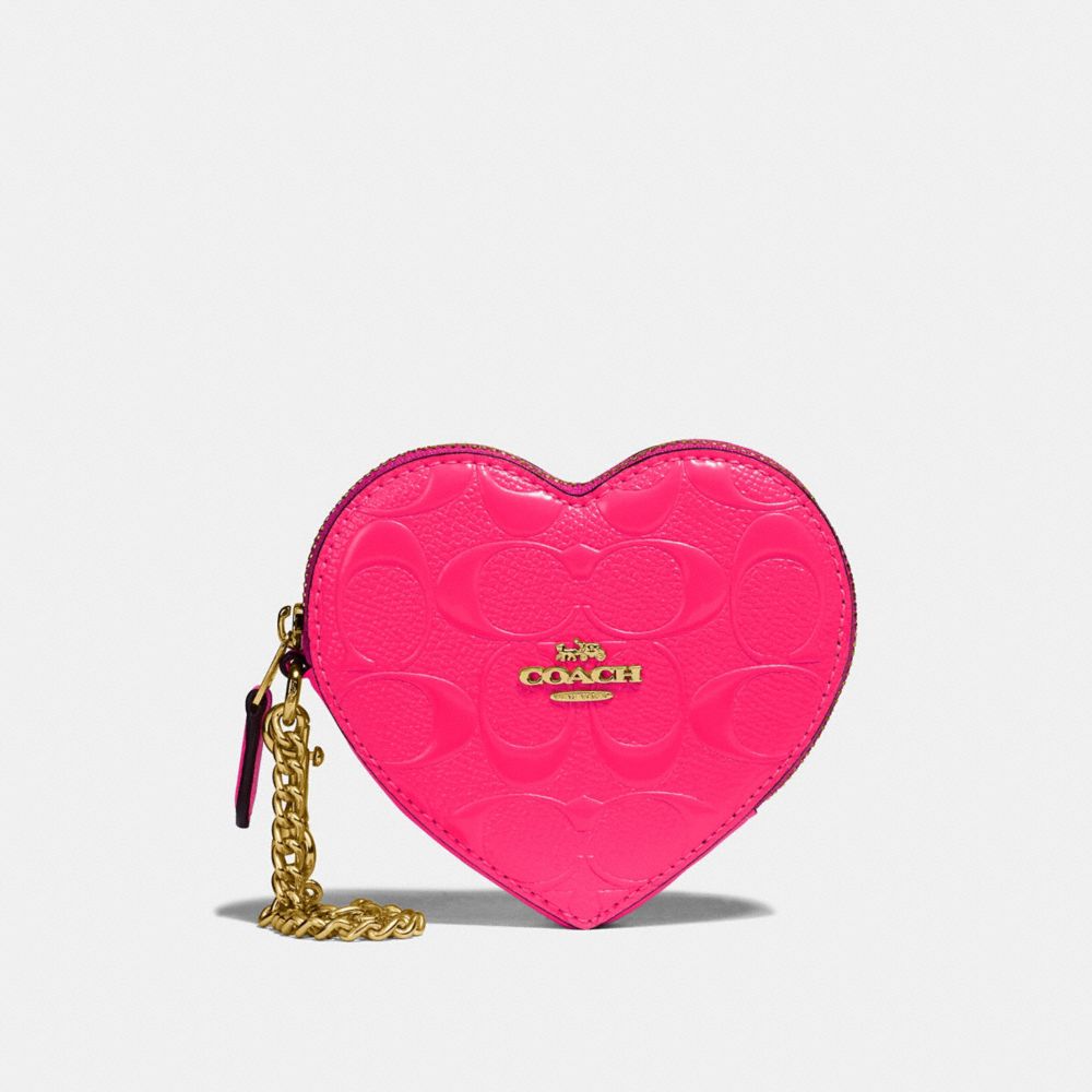 COACH HEART COIN CASE IN SIGNATURE LEATHER - NEON PINK/LIGHT GOLD - F39153