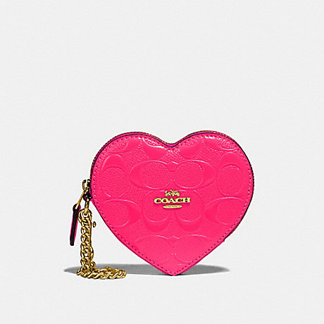 COACH HEART COIN CASE IN SIGNATURE LEATHER - NEON PINK/LIGHT GOLD - F39153