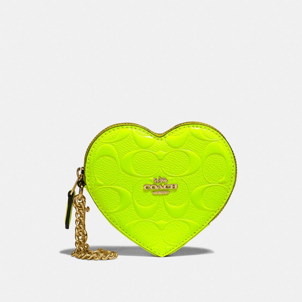 COACH F39153 Heart Coin Case In Signature Leather NEON YELLOW/LIGHT GOLD
