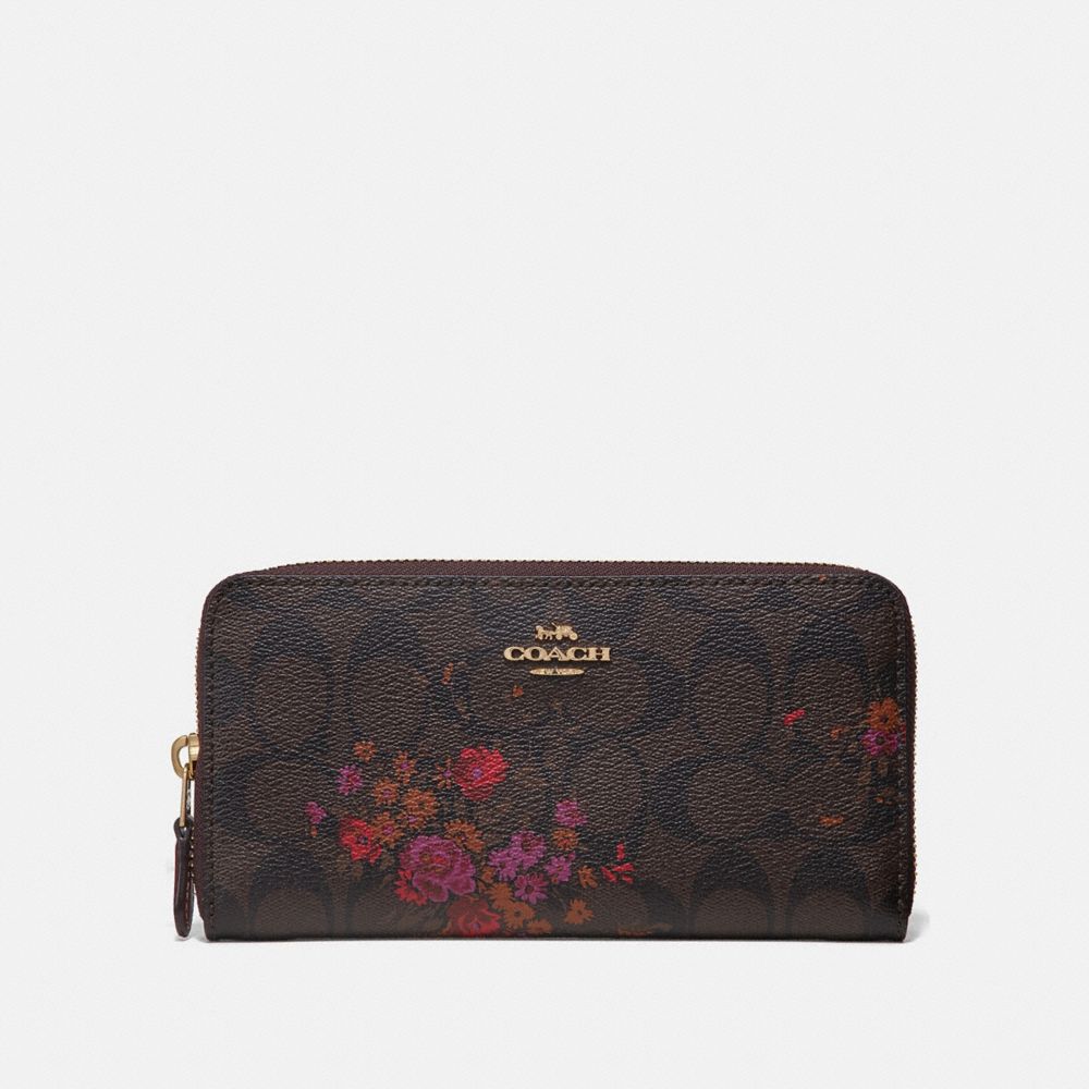 COACH F39156 - ACCORDION ZIP WALLET IN SIGNATURE CANVAS WITH FLORAL BUNDLE PRINT BROWN/METALLIC CURRANT/LIGHT GOLD