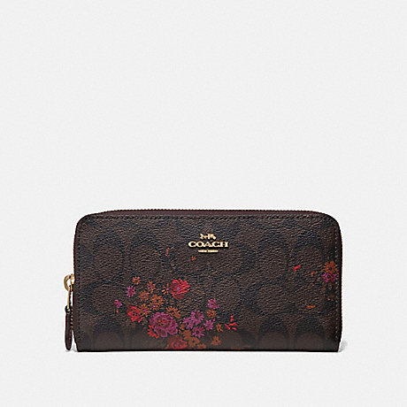 COACH ACCORDION ZIP WALLET IN SIGNATURE CANVAS WITH FLORAL BUNDLE PRINT - BROWN/METALLIC CURRANT/LIGHT GOLD - F39156