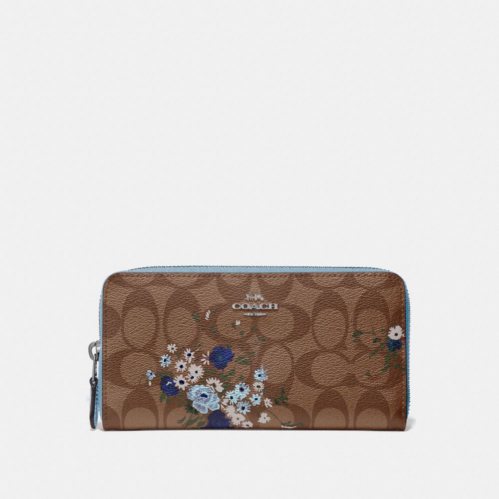 COACH F39156 Accordion Zip Wallet In Signature Canvas With Floral Bundle Print KHAKI BLUE MULTI/SILVER