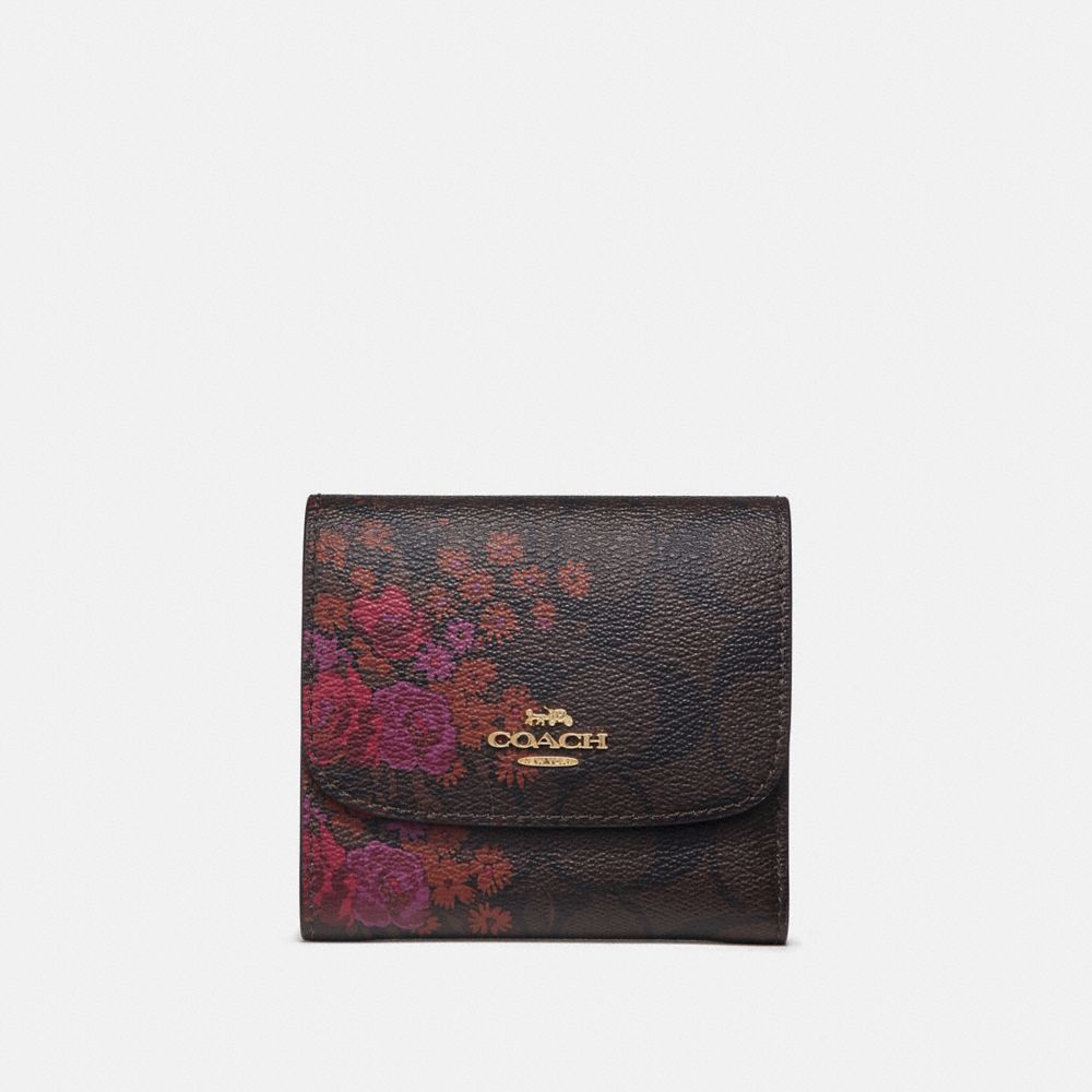 COACH F39157 Small Wallet In Signature Canvas With Floral Bundle Print BROWN/METALLIC CURRANT/LIGHT GOLD