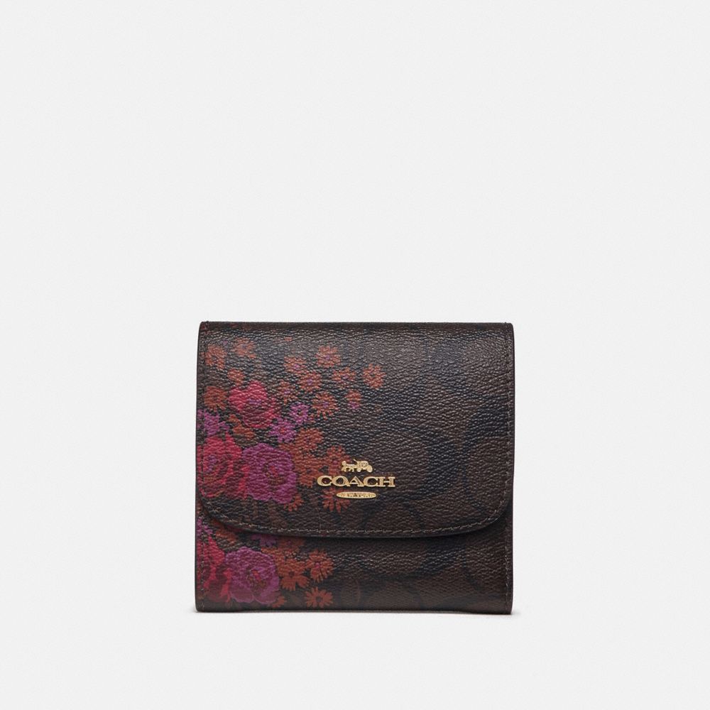 COACH F39157 SMALL WALLET IN SIGNATURE CANVAS WITH FLORAL BUNDLE PRINT BROWN/METALLIC CURRANT/LIGHT GOLD