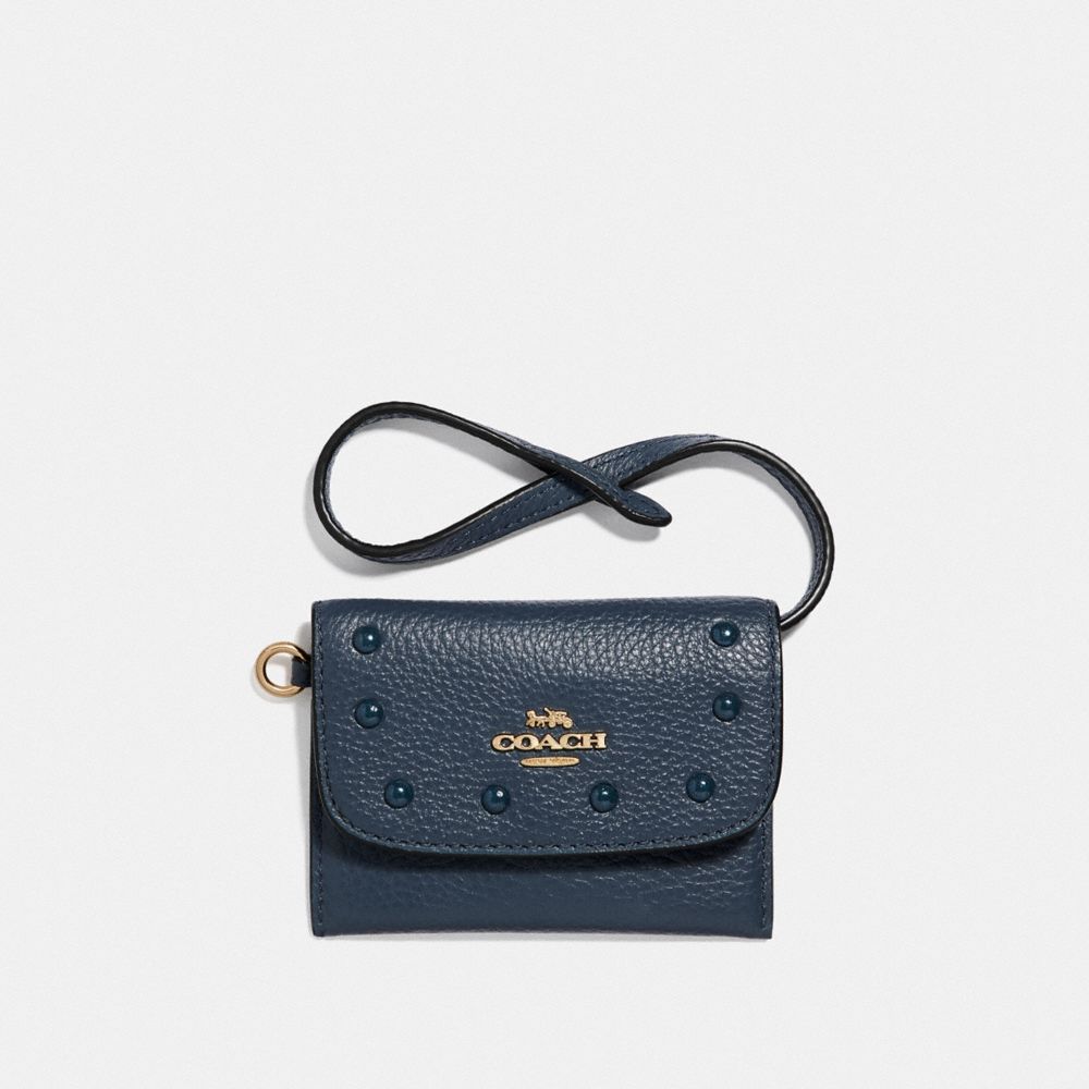 COACH F39176 CARD POUCH WITH LACQUER RIVETS DENIM/LIGHT GOLD