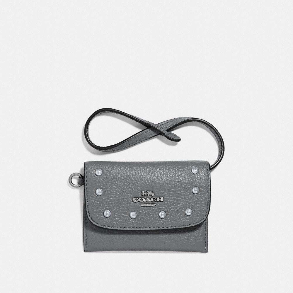 COACH CARD POUCH WITH LACQUER RIVETS - HEATHER GREY/SILVER - F39176