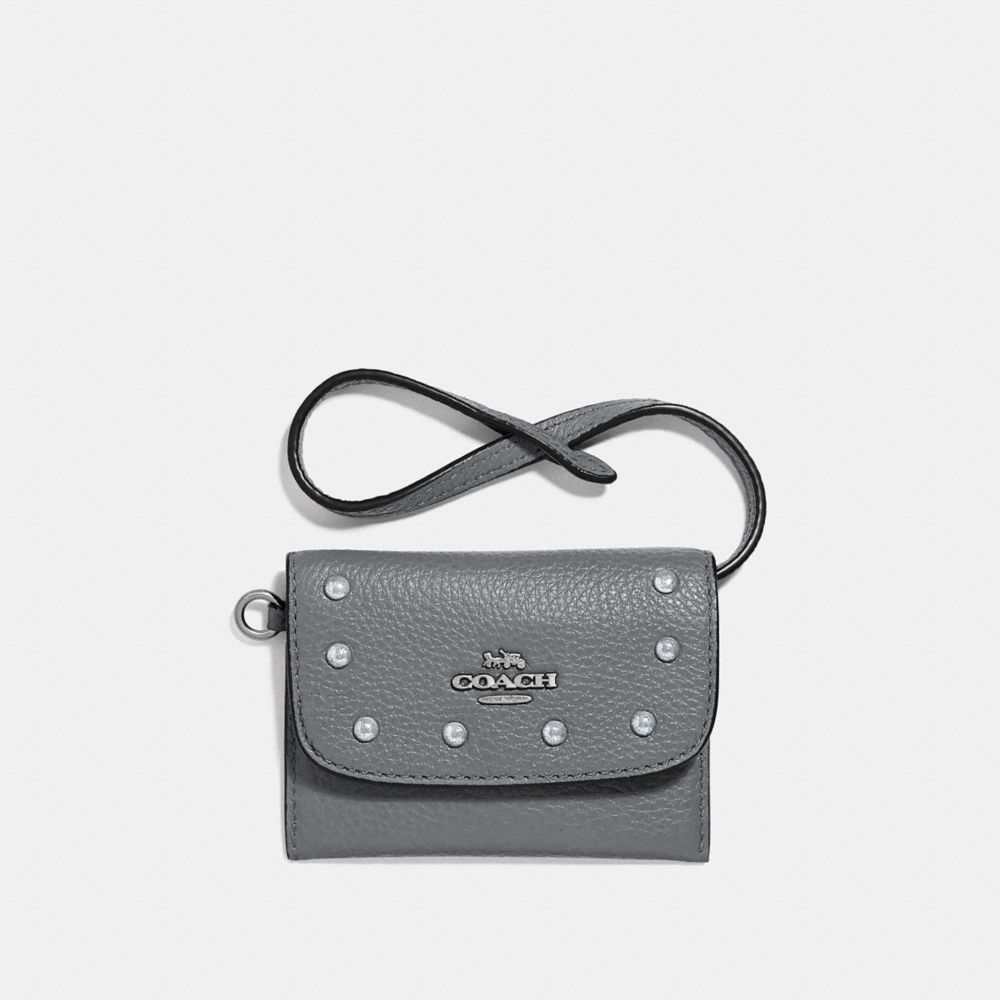 COACH F39176 CARD POUCH WITH LACQUER RIVETS HEATHER GREY/SILVER